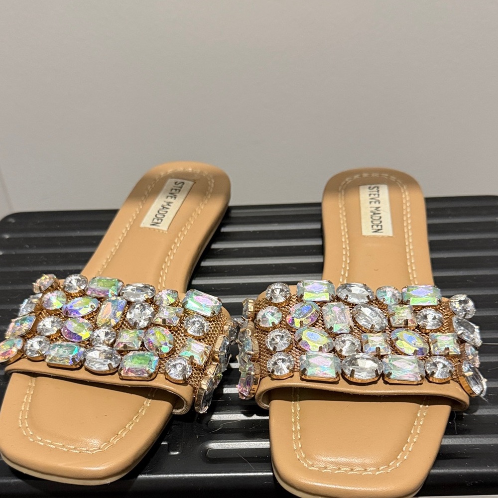 Steve Madden Tan Jeweled Slide Mules with Iridescent Stones